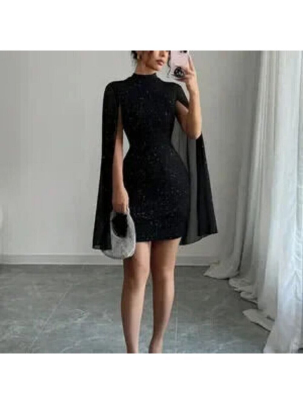 Black Party Women's Glitter Print Stand Collar Lantern Sleeve Bodycon Dress - Picture 3 of 3